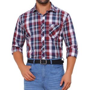 Long Sleeve Checked Dress Shirt Point Collar Button Plaid Shirt Red Navy